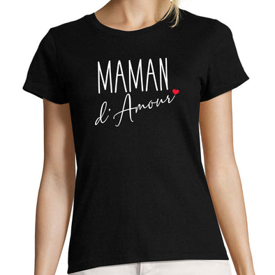 T-Shirt Noir Femme manches courtes | Maman D'amour | 100% coton, coupe slim