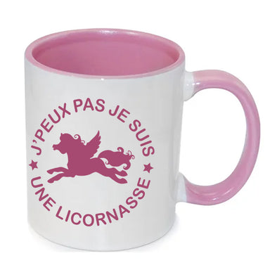 Mug Rose Humoristique J'peux pas j'suis une Licornasse | céramique, blanc brillant, impression des 2 côtés | idée cadeau licorne humour maxishirt.fr