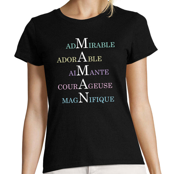 T-Shirt Noir Femme Coupe Slim | Maman mots croisés | idée cadeau fête des mères | 100% coton manches courtes