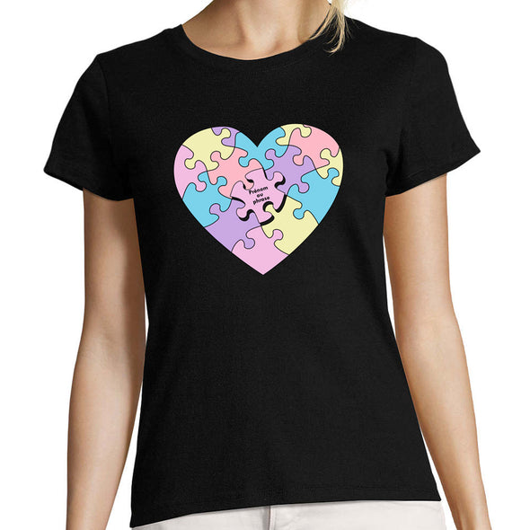 T-Shirt Noir Femme Coupe Slim | Maman Coeur Puzzle prénoms | idée cadeau fête des mères | 100% coton manches courtes