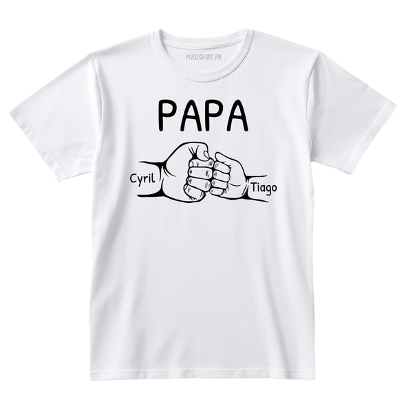 T-Shirt Blanc Personnalisé Poing Papa Papy prénoms Enfants | 100% Coton Manches Courtes | Idée Cadeau Fête des Pères ou grand Père