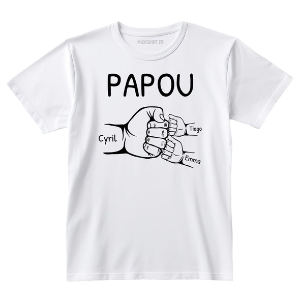 T-Shirt Blanc Personnalisé Poing Papa Papy prénoms Enfants | 100% Coton Manches Courtes | Idée Cadeau Fête des Pères ou grand Père