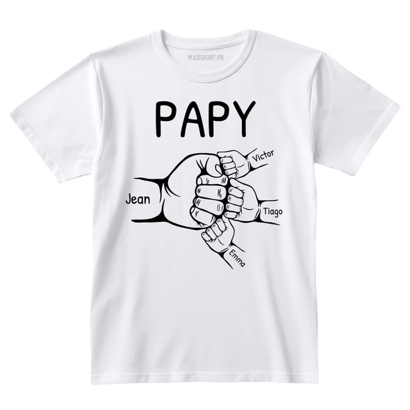 T-Shirt Blanc Personnalisé Poing Papa Papy prénoms Enfants | 100% Coton Manches Courtes | Idée Cadeau Fête des Pères ou grand Père