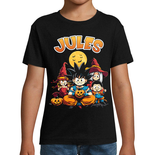 T-Shirt noir Enfant personnalisé avec prénom style Dragon Ball | tissu épais, 100% coton | idée cadeau halloween fille ou garçon