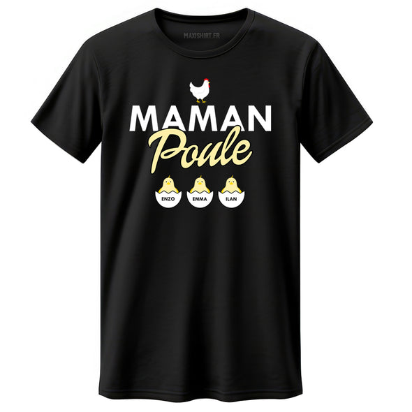 T-Shirt Noir Femme personnalisé Coupe Régulière | Maman Poule | idée cadeau fête des mères | 100% coton manches courtes