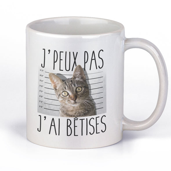 Mug Chat humoristique, j'peux pas j'ai bêtises, en céramique, Blanc Brillant, imprimé des 2 côtés